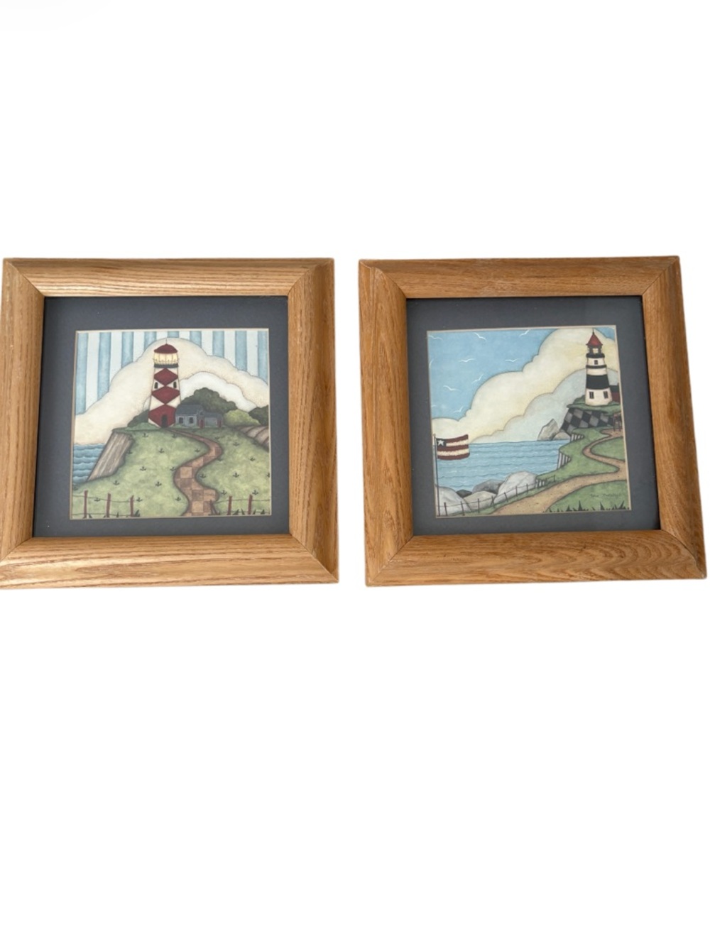 Coastal Lighthouse Wall Art Set of 2 Framed Prints Beach Cottage Decor 8x8